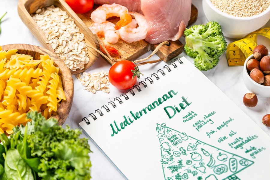 Mediterranean diet concept – meat, fish, fruits and vegetables Mediterranean diet concept – meat, fish, fruits and vegetables
