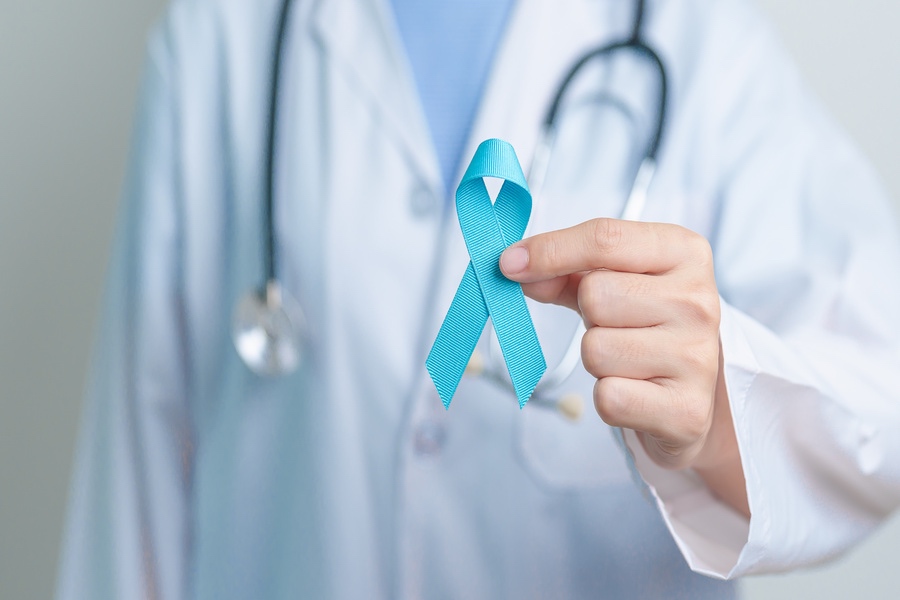 Blue November Prostate Cancer Awareness month, Doctor with Blue Ribbon in hospital for support people life and illness. Healthcare, International men, Father, Diabetes and World cancer day